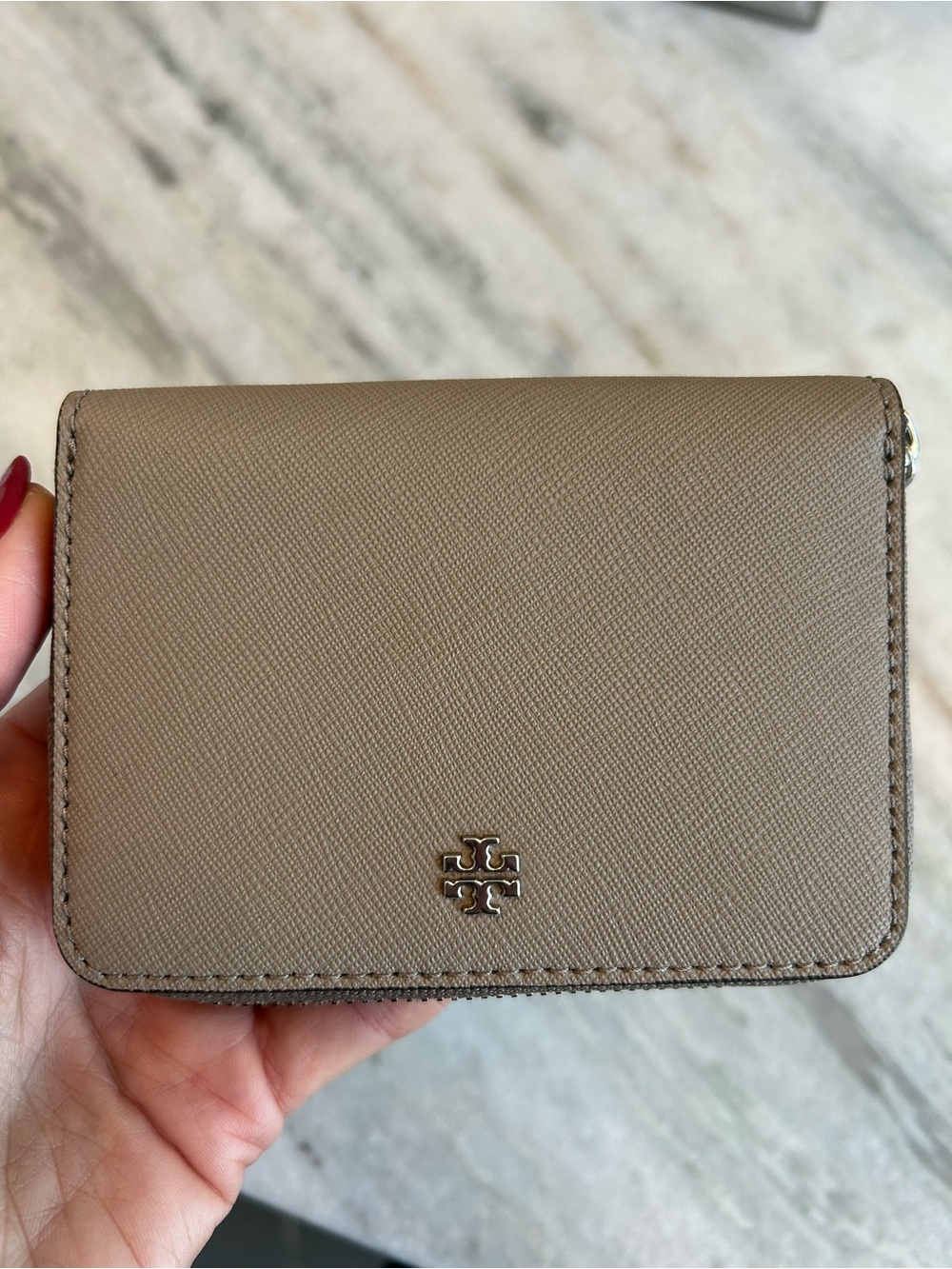 Tory Burch Taupe Saffiano Leather Compact Card Wallet with Silver Logo